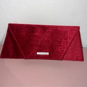 JANTAMINIAU Envelope Style Clutch Royal Red Raised‎ Design Velour Fabric Branded